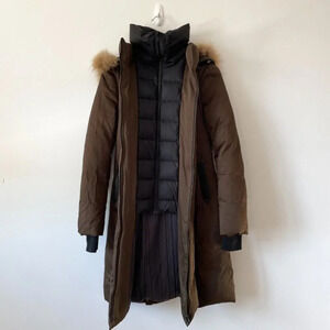 Soia & Kyo BROWN Down  Racoon Fur Hood Long Christy Parka Jacket Coat Sz S